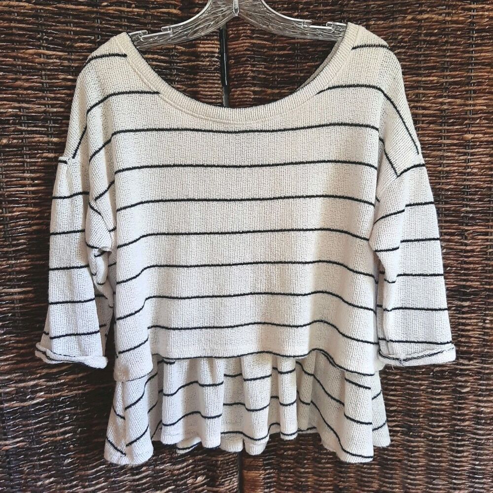 Anthropologie Postmark Latitudes Sweater Medium Cream Striped Nautical Coastal
